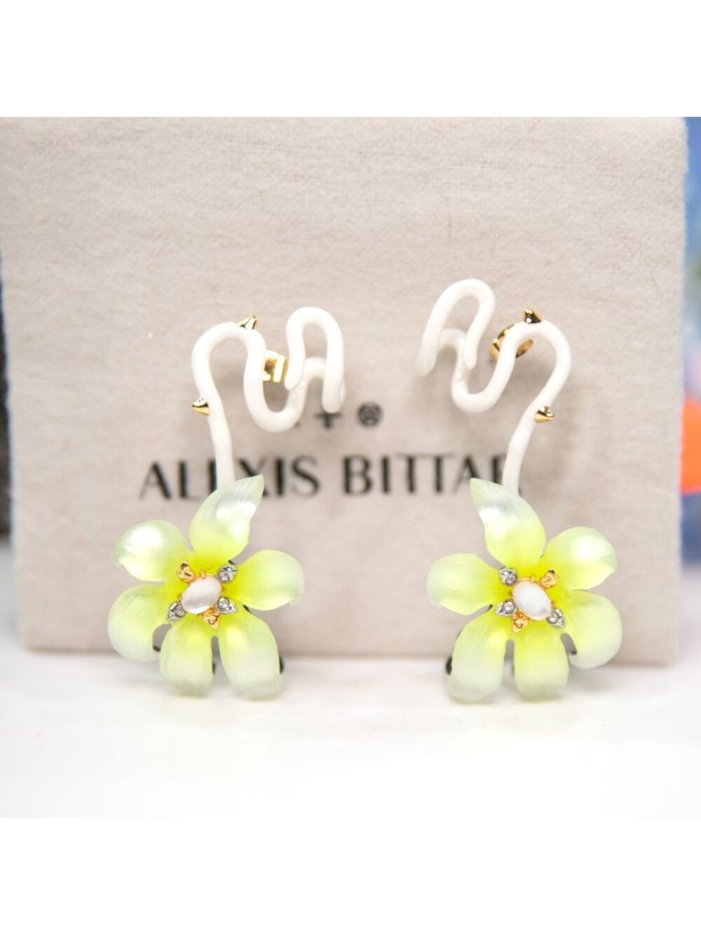 Alexis Bittar Sunkissed White Lily Lucite Mother of Pearl Crystal Earrings NWT